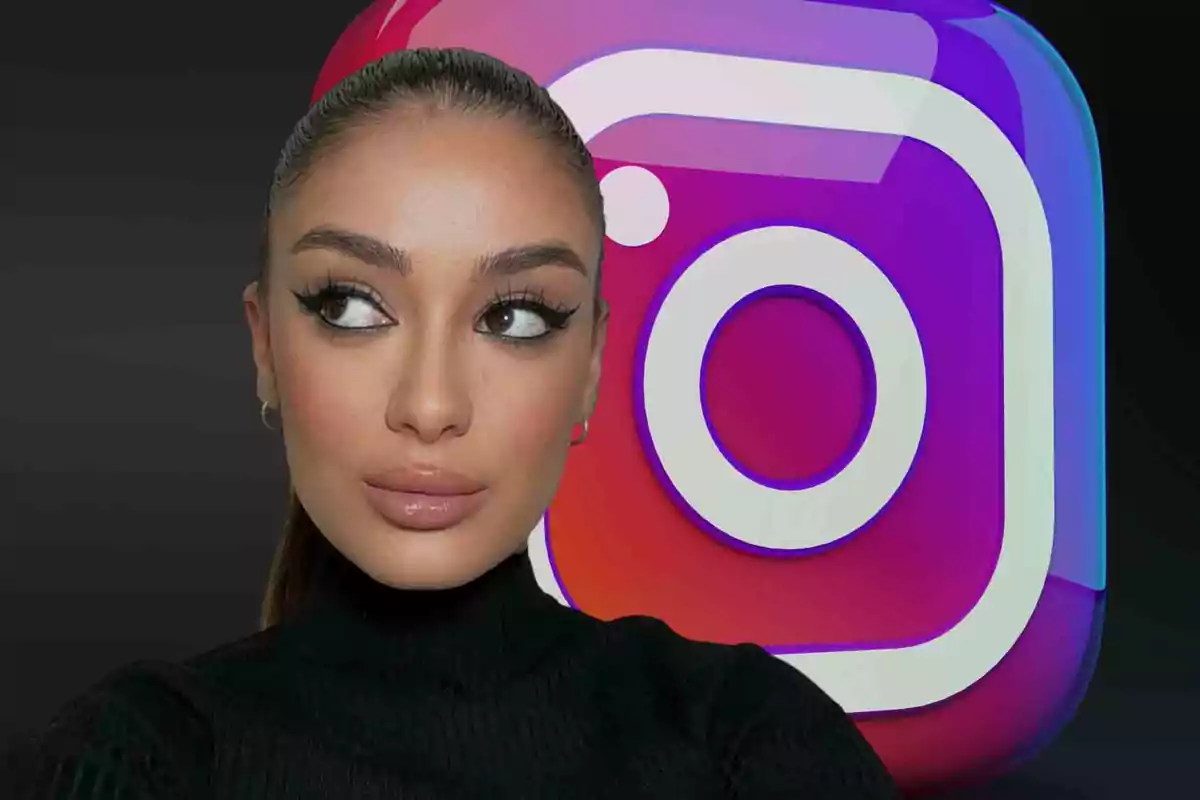 Mujer con maquillaje elegante frente al logo de Instagram en un fondo oscuro.