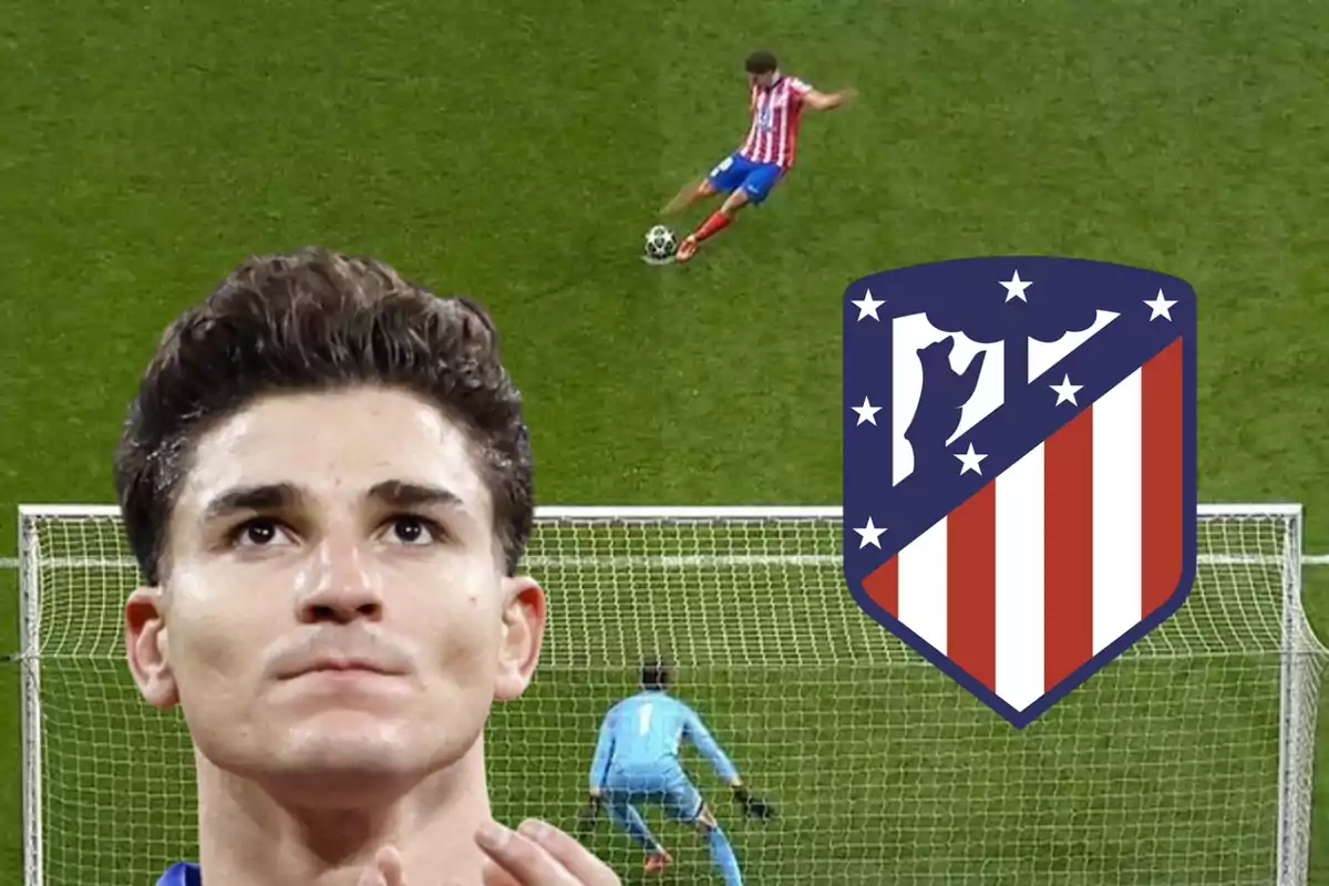 Un jugador de fútbol en acción durante un penalti con el escudo del Atlético de Madrid y un portero en la portería.