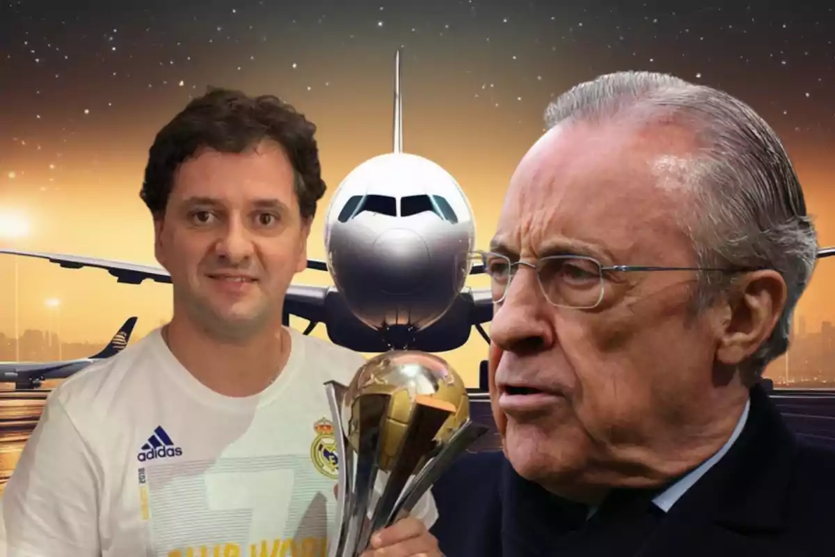 Dos hombres, uno sosteniendo un trofeo y otro con gafas, con un avión de fondo.