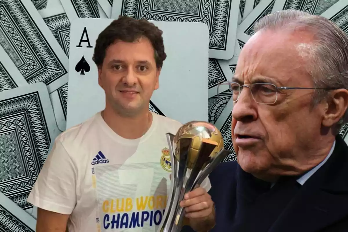 Dos hombres posan frente a una carta de as de espadas y un fondo de cartas, uno de ellos sostiene un trofeo y lleva una camiseta del Real Madrid que dice "Club World Champion".