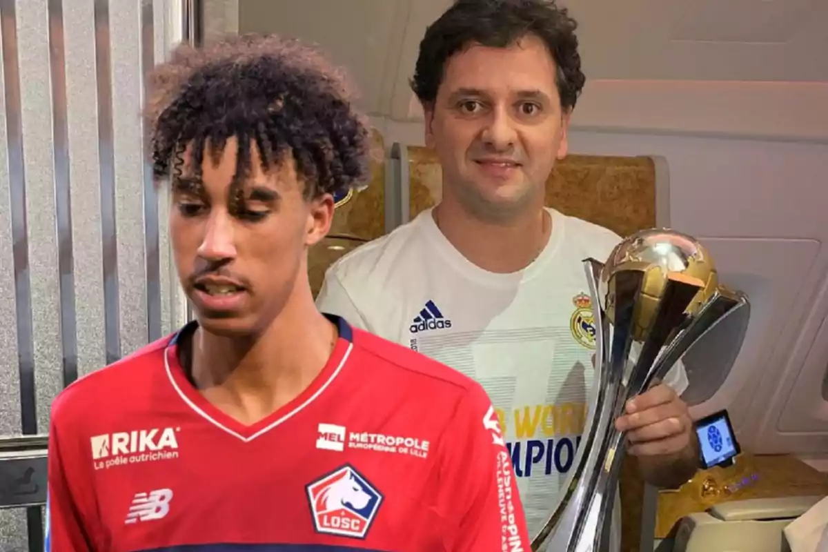 Un hombre con una camiseta del Real Madrid sostiene un trofeo mientras otro hombre con una camiseta del LOSC Lille está en primer plano.