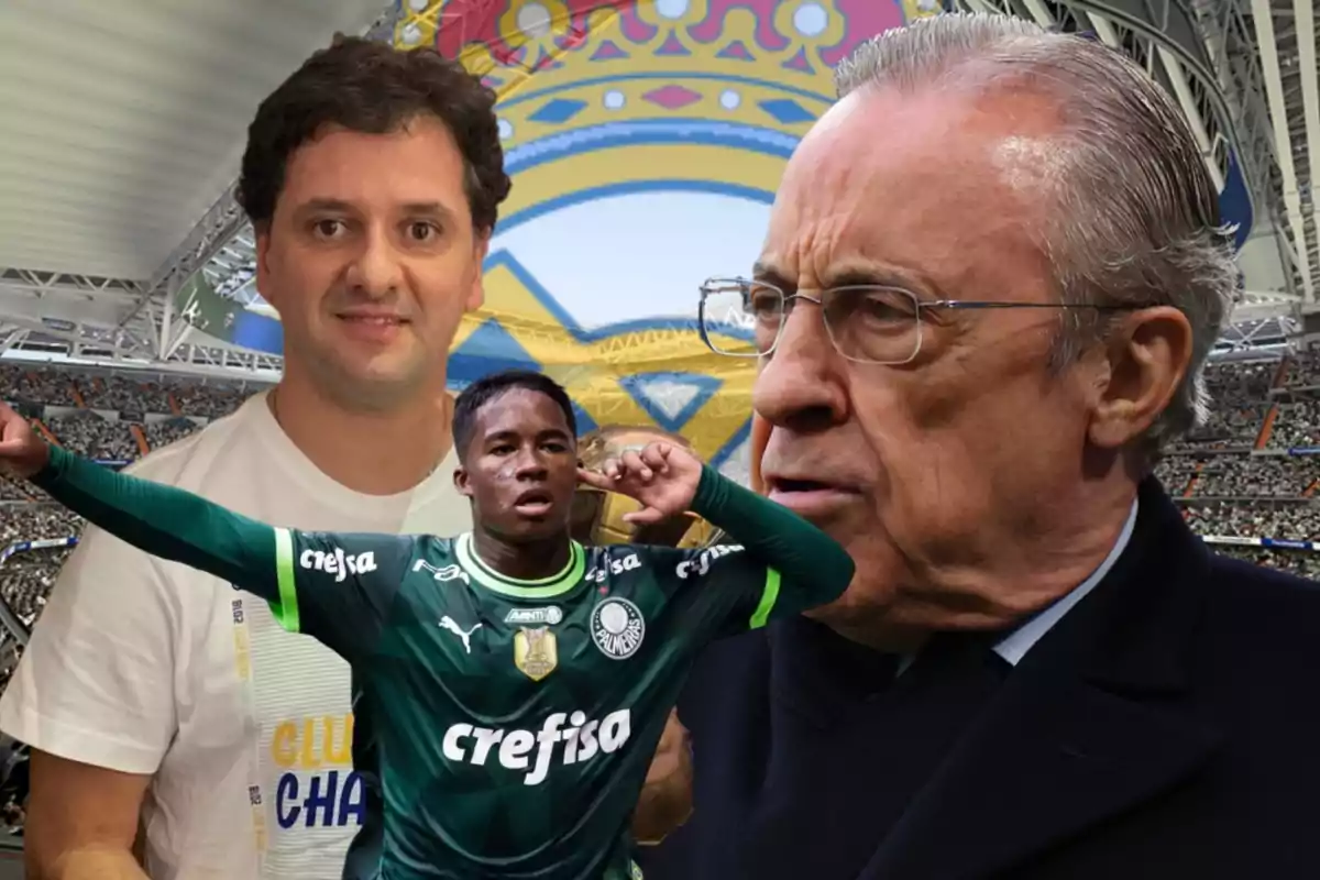 Tres personas, una de ellas con una camiseta de fútbol verde, están superpuestas sobre un fondo de un estadio de fútbol y un escudo.