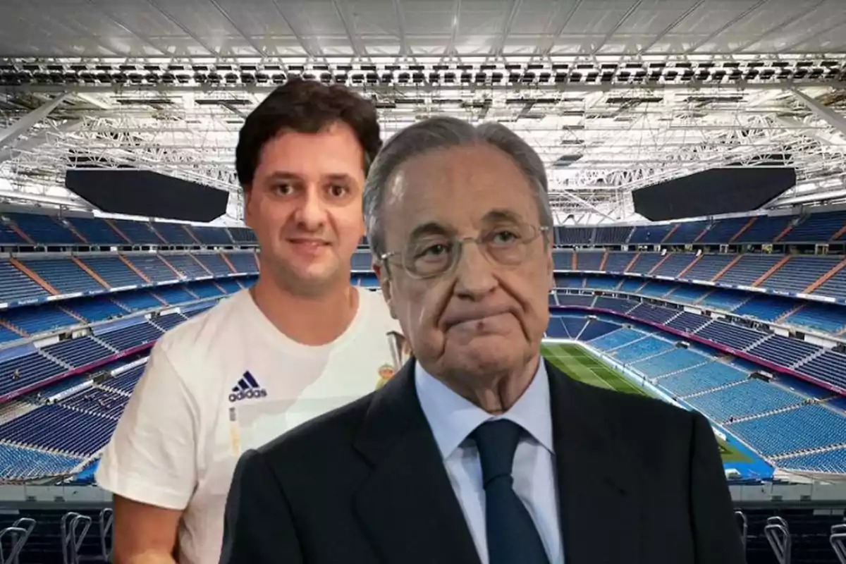 Dos personas posan frente a un estadio de fútbol.