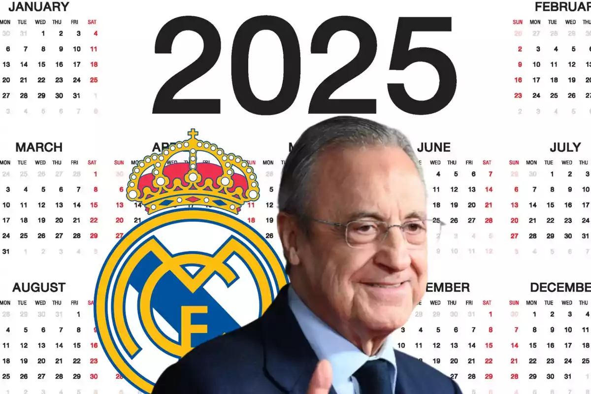 Un hombre sonriente con gafas y traje aparece frente a un calendario del año 2025, con el escudo del Real Madrid en el fondo.