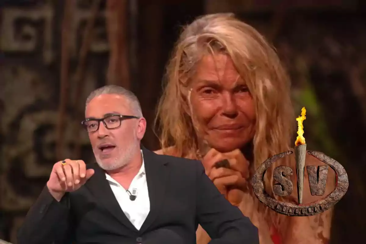 Un hombre de traje y gafas habla mientras una mujer rubia con expresión emotiva aparece al fondo junto al logo de un reality show de supervivencia