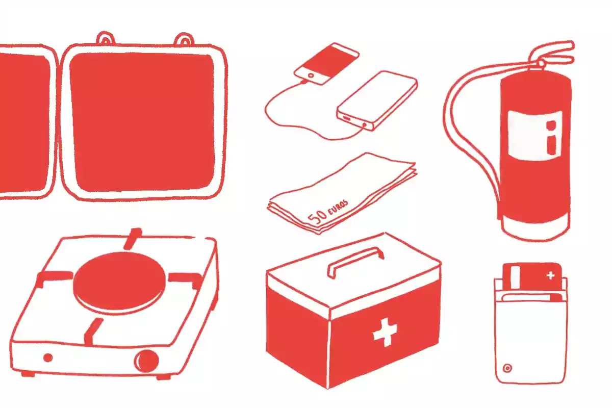 Ilustración de objetos de emergencia en color rojo, incluyendo un extintor, un botiquín, un hornillo, un cargador de teléfono, billetes de dinero y una batería portátil. Ilustración de objetos de emergencia en color rojo, incluyendo un extintor, un botiquín, un hornillo, un cargador de teléfono, billetes de dinero y una batería portátil.