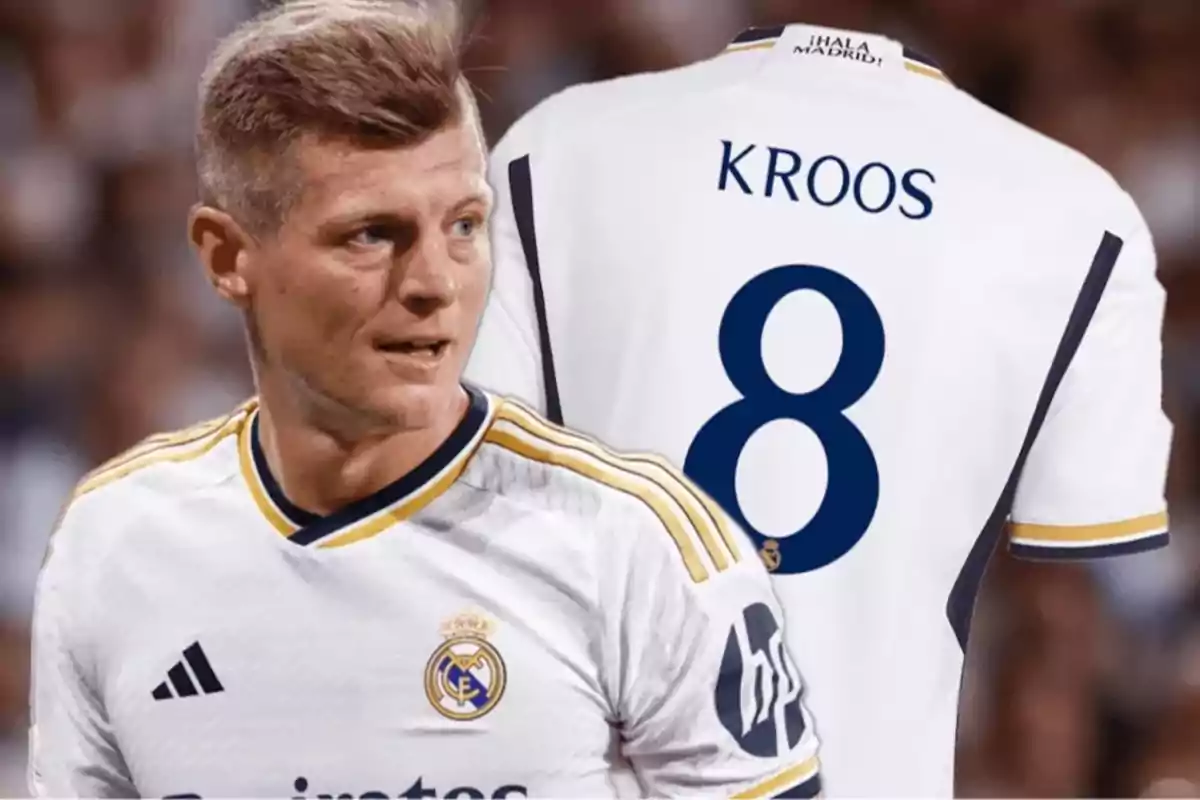 Un jugador de fútbol con la camiseta del Real Madrid, con el nombre "Kroos" y el número 8 en la espalda.