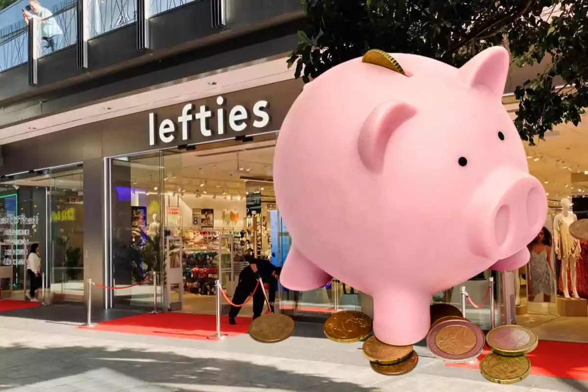 Una tienda de ropa con un letrero que dice "lefties" y una gran alcancía de cerdito rosa con monedas alrededor.