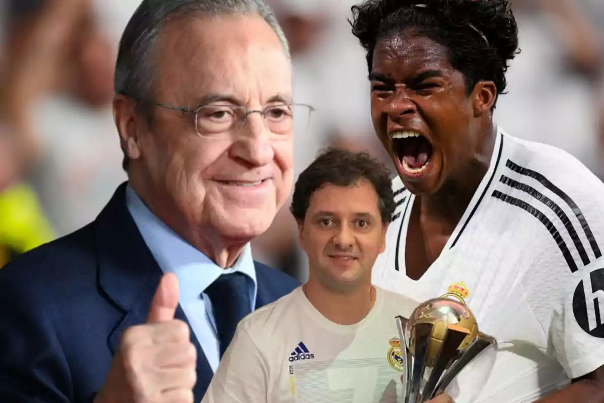 Tres personas con camisetas del Real Madrid, una de ellas sosteniendo un trofeo.