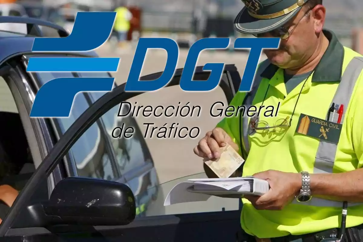 Un agente de la Guardia Civil revisando documentos junto a un coche con el logo de la Dirección General de Tráfico (DGT) superpuesto.