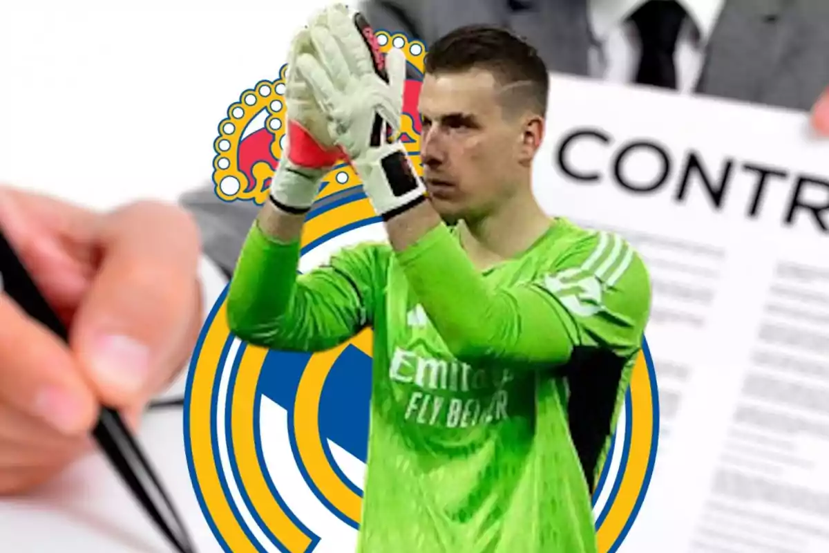 Lunin frente a un fondo que muestra el escudo del Real Madrid y un contrato siendo firmado.