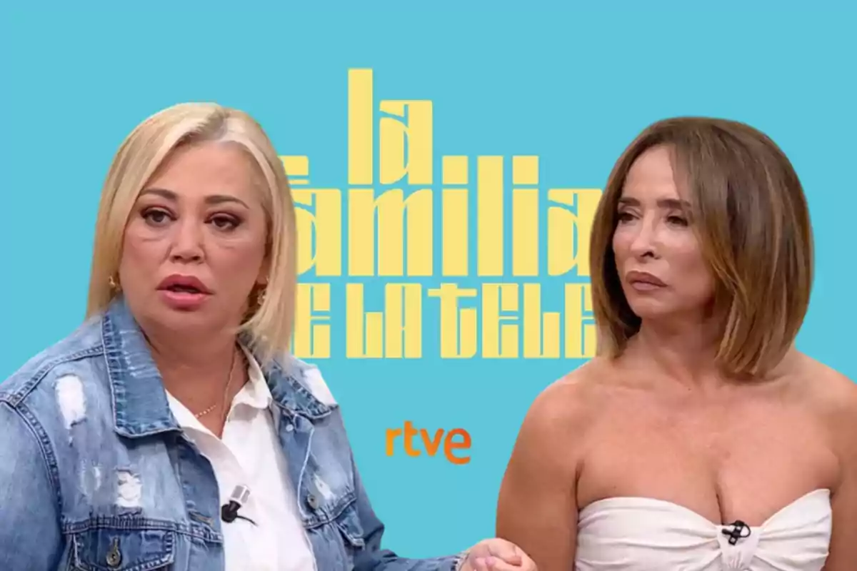 Dos mujeres en un programa de televisión con un fondo azul y el texto "la familia de la tele" en amarillo.