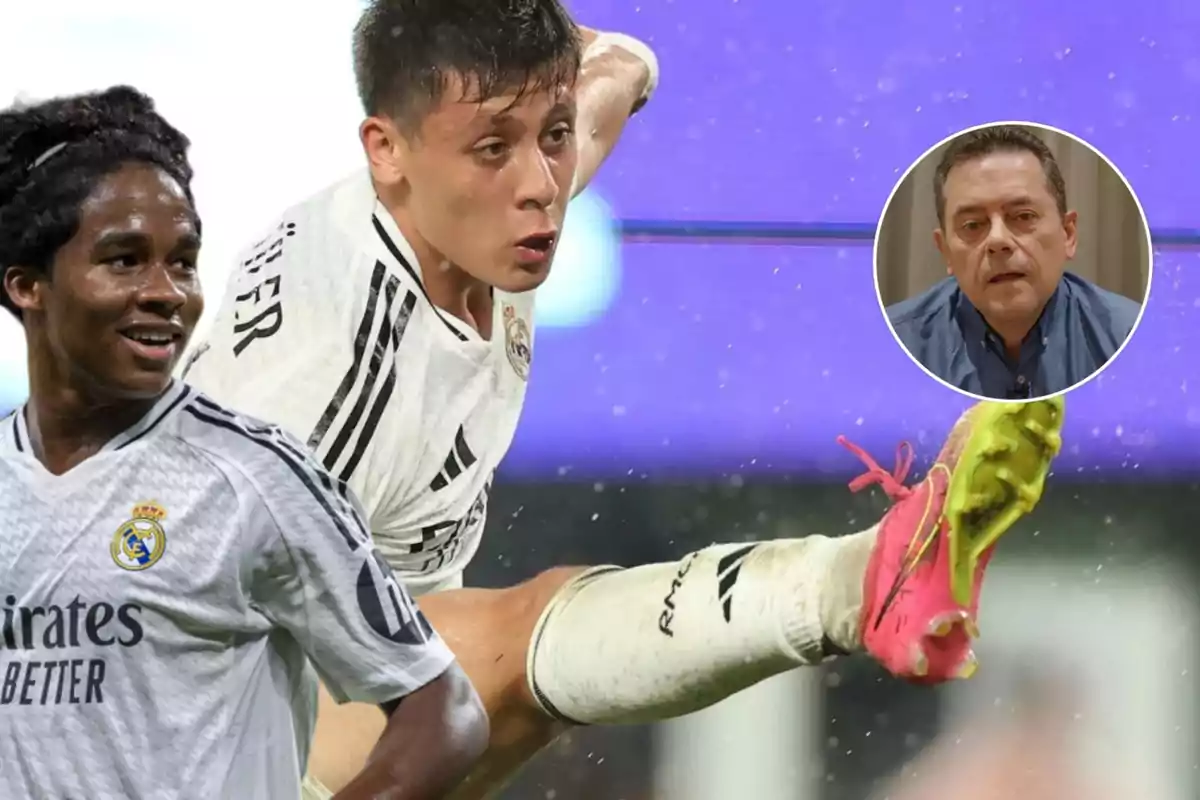 Dos jugadores de fútbol del Real Madrid en acción, con un hombre en un recuadro en la esquina superior derecha.