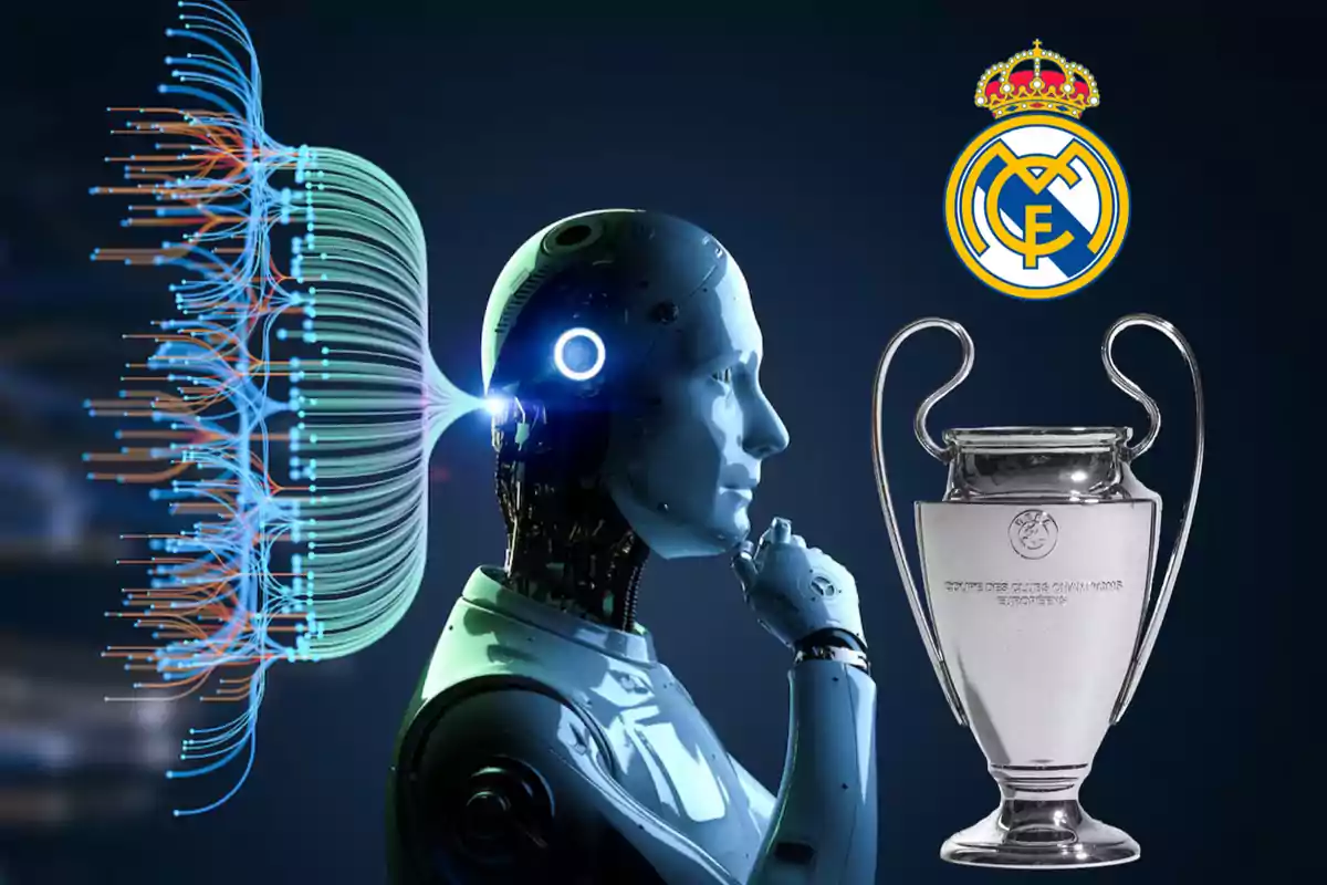 Un robot pensativo con un flujo de datos a su izquierda, el trofeo de la Liga de Campeones a su derecha y el escudo del Real Madrid arriba.