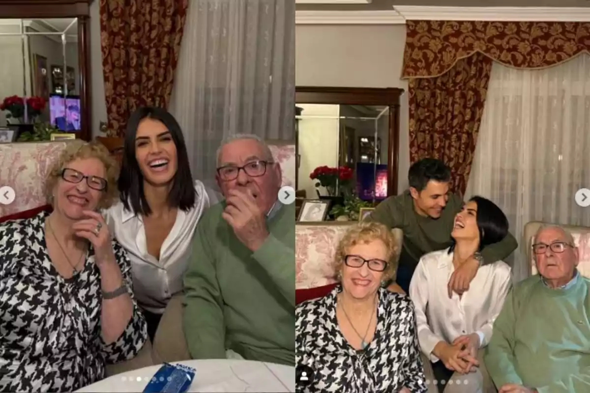 Una mujer joven sonríe junto a dos personas mayores en una sala acogedora, mientras en otra imagen un hombre se une al grupo, todos compartiendo un momento alegre. Una mujer joven sonríe junto a dos personas mayores en una sala acogedora, mientras en otra imagen un hombre se une al grupo, todos compartiendo un momento alegre.