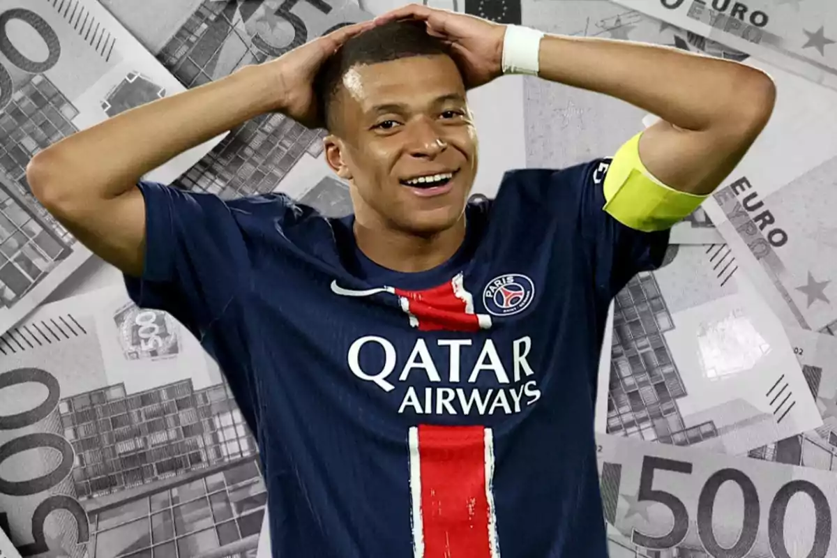 Mbappé, con un fondo de billetes de euro.