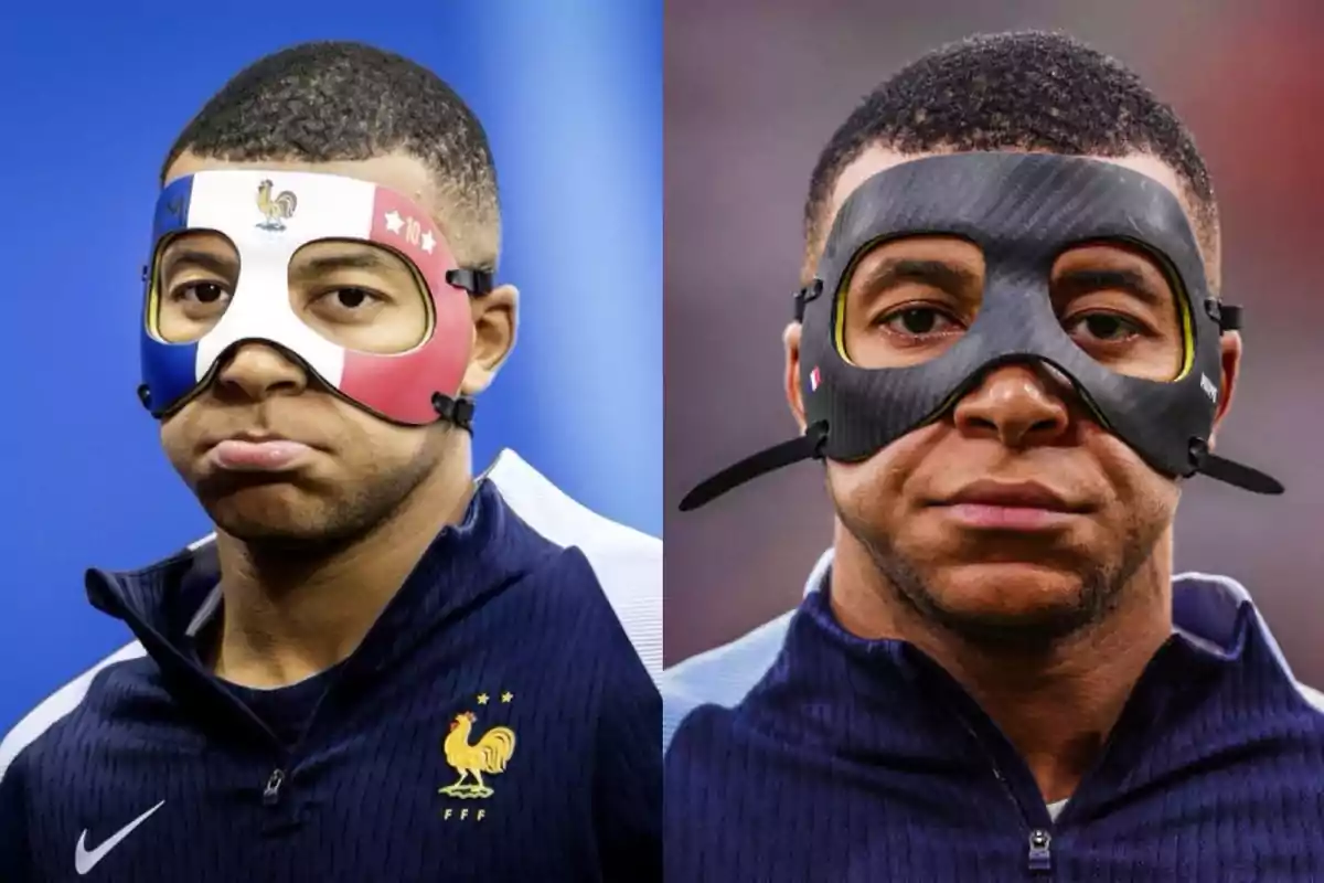 Dos imágenes de un jugador de fútbol usando máscaras protectoras, una con los colores de la bandera de Francia y otra de color negro.