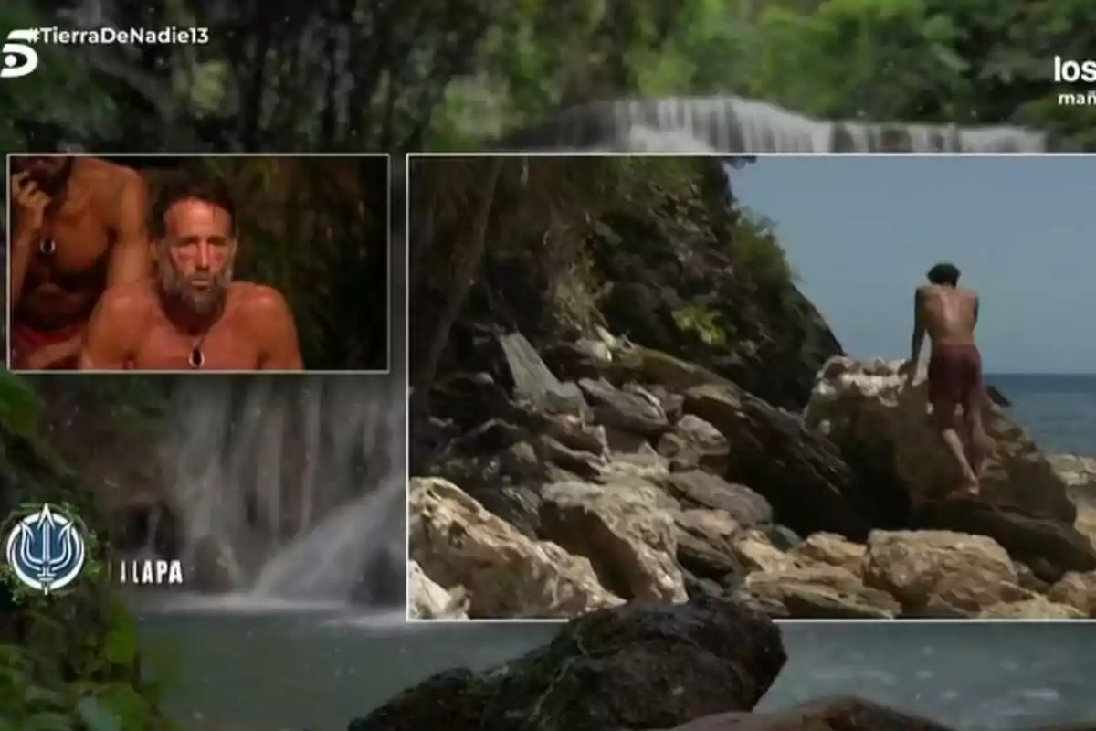 Dos recuadros muestran escenas de un reality de supervivencia uno con un hombre barbudo hablando y otro con una persona caminando entre rocas junto al mar Dos recuadros muestran escenas de un reality de supervivencia uno con un hombre barbudo hablando y otro con una persona caminando entre rocas junto al mar
