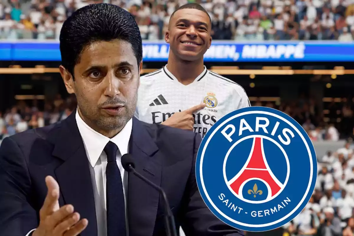 Al Khelaifi, Mbappé y escudo PSG