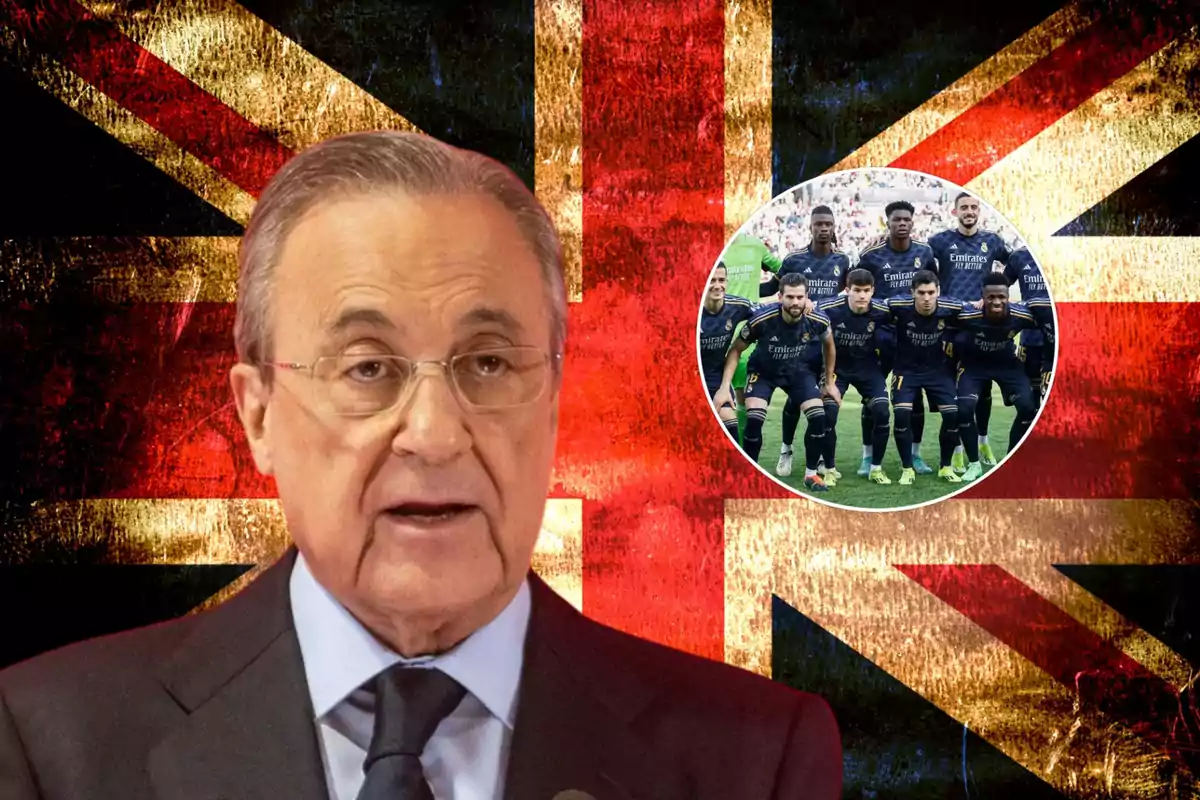 Un hombre con gafas y traje oscuro está hablando frente a una bandera del Reino Unido, con una imagen de un equipo de fútbol en la esquina superior derecha.