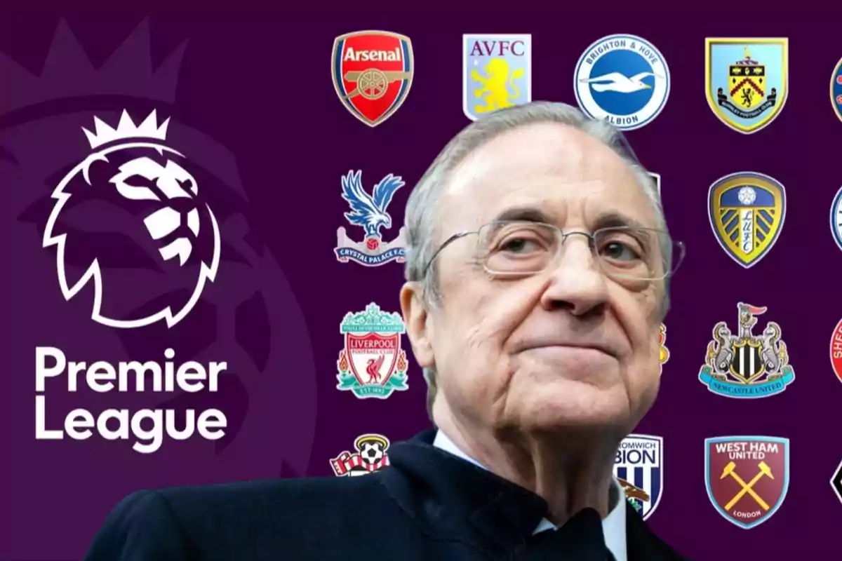 Hombre mayor con gafas frente a un fondo con el logo de la Premier League y los escudos de varios equipos de fútbol.