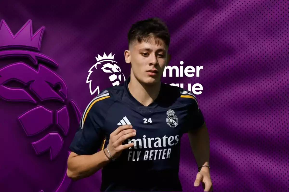 Un jugador de fútbol con la camiseta del Real Madrid aparece frente a un fondo con el logo de la Premier League.