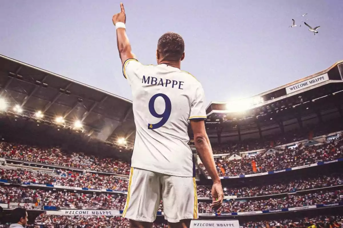 Mbappé en su presentación con el Real Madrid en una recreación