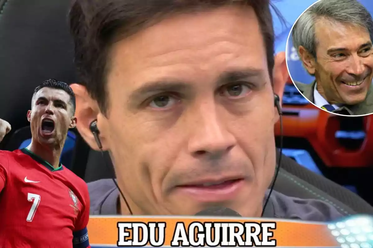 Primer plano de un hombre con auriculares y micrófono, con una imagen de un futbolista celebrando y otra de un hombre mayor sonriendo en la esquina superior derecha, con el texto "EDU AGUIRRE" en la parte inferior.