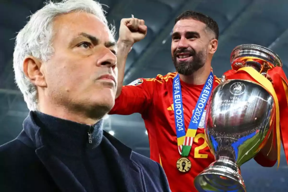 Un hombre de cabello canoso con expresión seria y un jugador de fútbol celebrando con un trofeo de la UEFA Euro 2024.