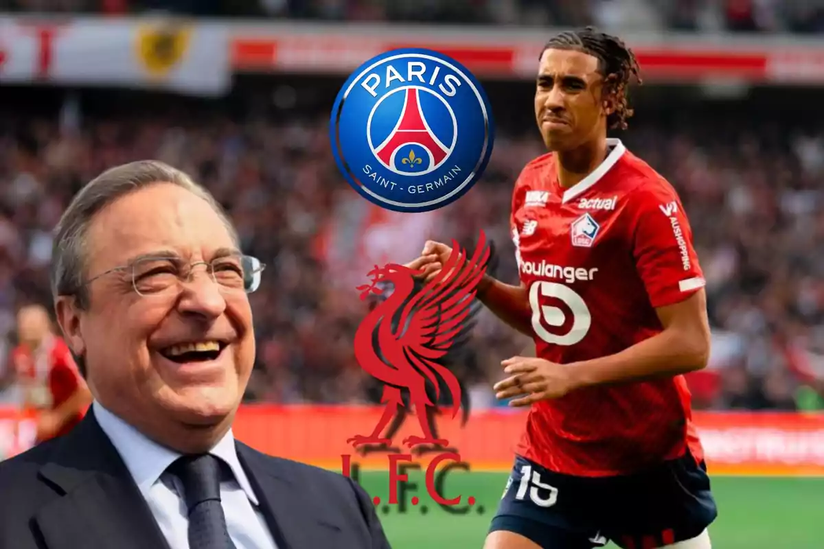 Un hombre mayor sonriente con gafas y traje, un jugador de fútbol con camiseta roja del Lille OSC, y los logotipos del Paris Saint-Germain y del Liverpool FC.