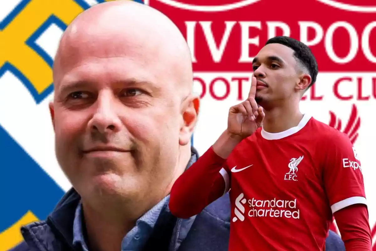 Un hombre calvo y un jugador de fútbol con el uniforme del Liverpool posan frente a los logotipos de dos equipos.