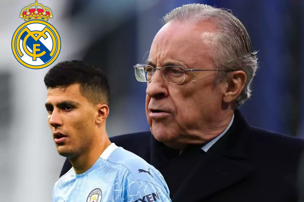 Un jugador de fútbol con el uniforme del Manchester City y un hombre mayor con gafas, con el logo del Real Madrid en la esquina superior izquierda.