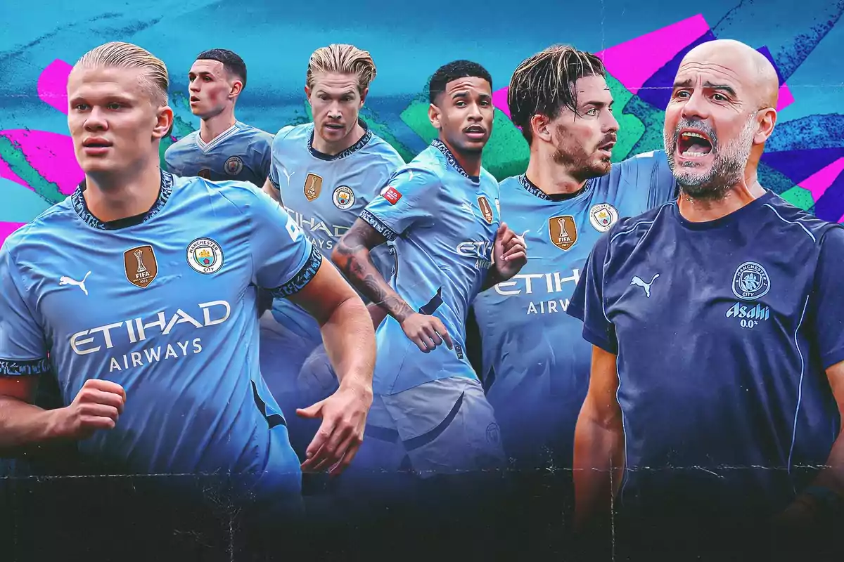 Jugadores y el entrenador del Manchester City con el uniforme del equipo, sobre un fondo colorido.