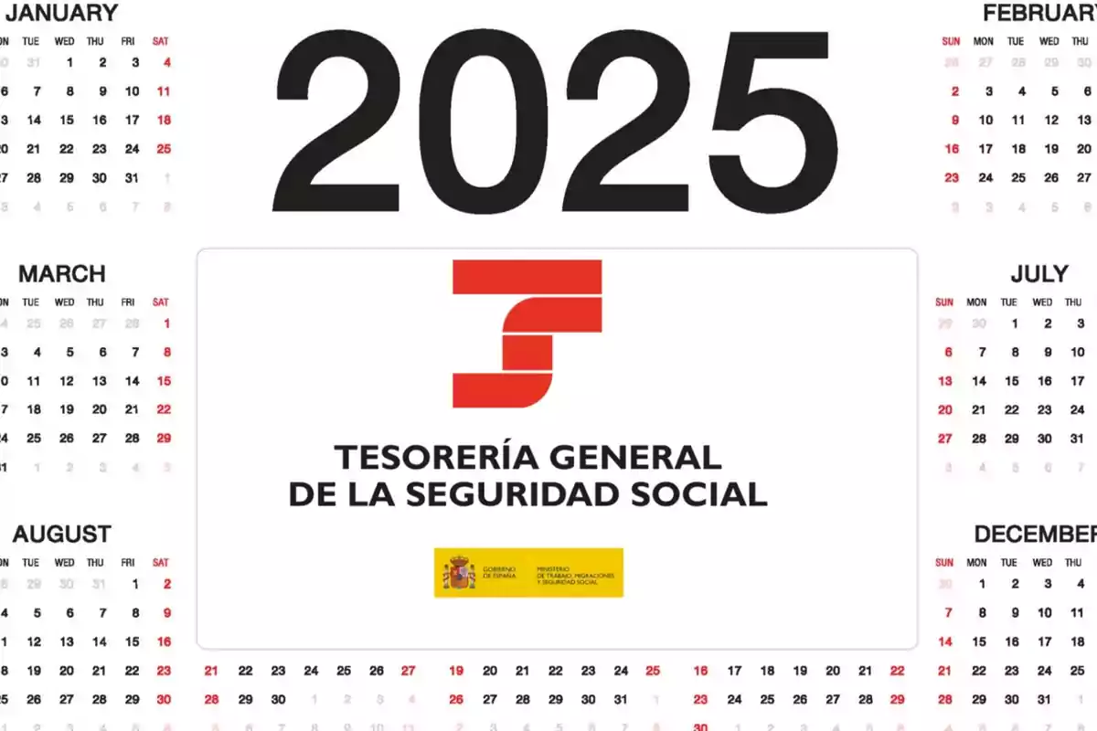 Calendario del año 2025 de la Tesorería General de la Seguridad Social de España con los meses de enero, febrero, marzo, julio, agosto y diciembre visibles.