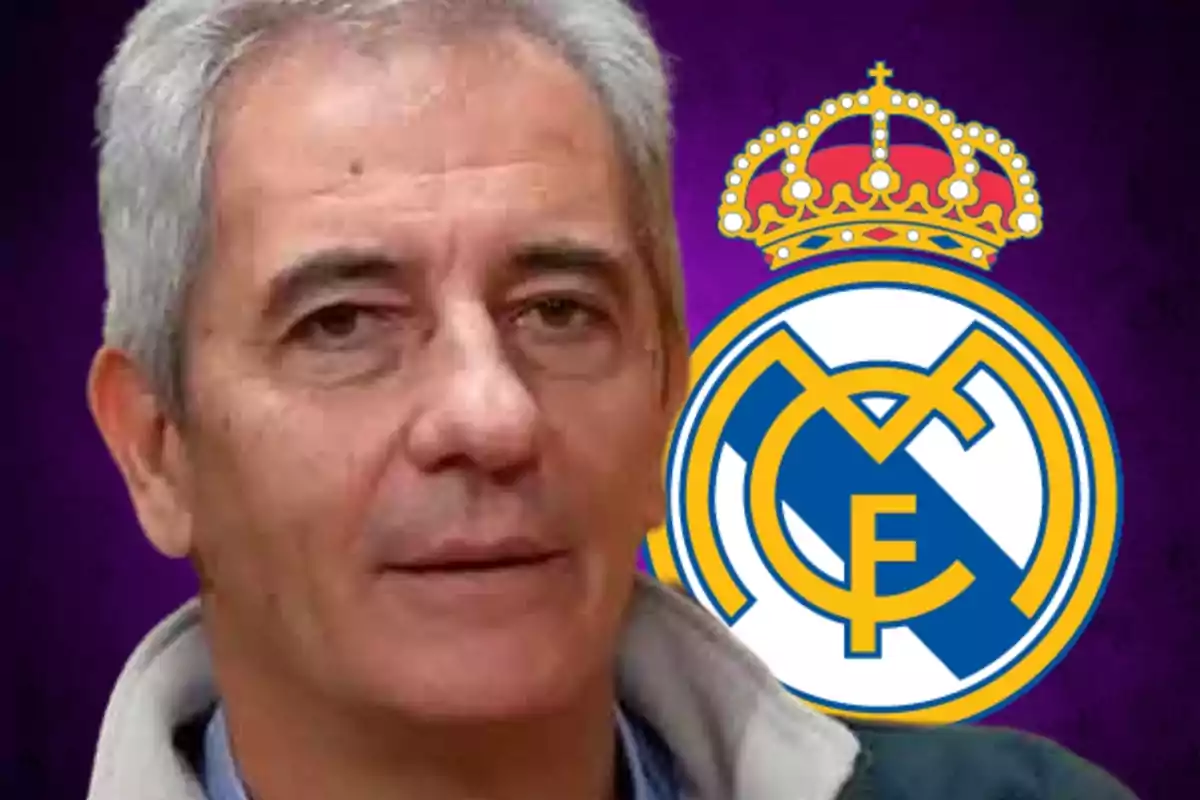 Un hombre de cabello canoso con el logo del Real Madrid al fondo.