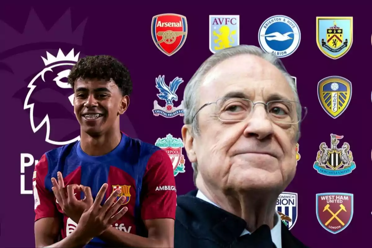 Un joven futbolista con la camiseta del FC Barcelona y un hombre mayor con gafas frente a un fondo con el logo de la Premier League y los escudos de varios equipos.