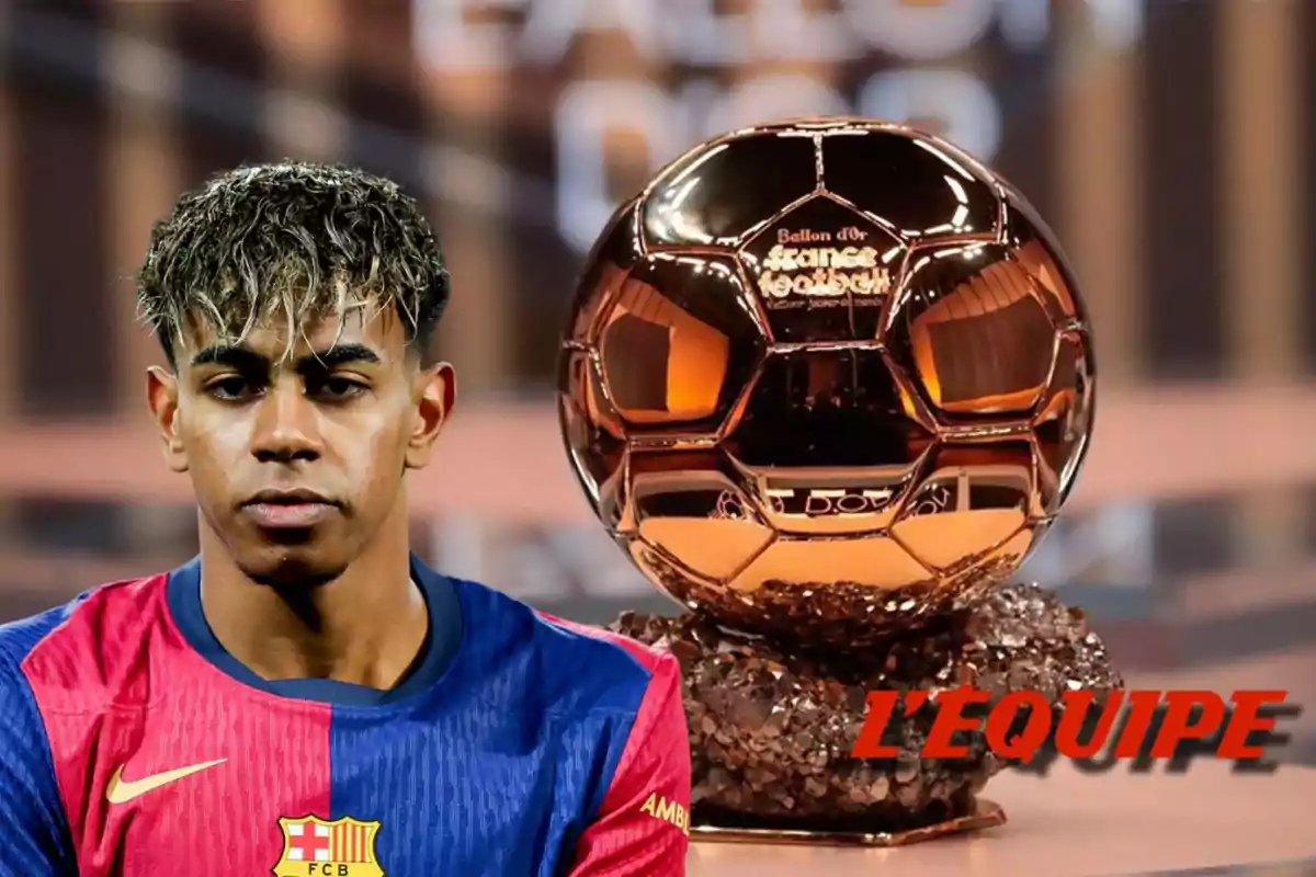 Jugador del Barcelona con camiseta azulgrana junto a un trofeo Balón de Oro y el logo de L'Equipe