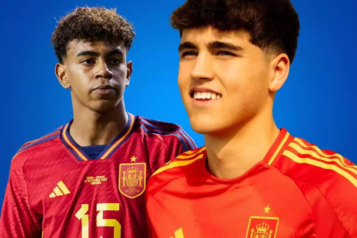 Pau Cubarsí y Lamine Yamal con la camiseta de la Selección Española sobre un fondo azul