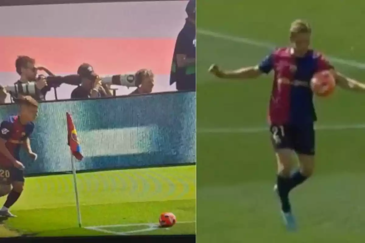 Un jugador de fútbol se prepara para ejecutar un tiro de esquina mientras otro controla el balón en el campo, con fotógrafos en el fondo capturando el momento. Un jugador de fútbol se prepara para ejecutar un tiro de esquina mientras otro controla el balón en el campo, con fotógrafos en el fondo capturando el momento.