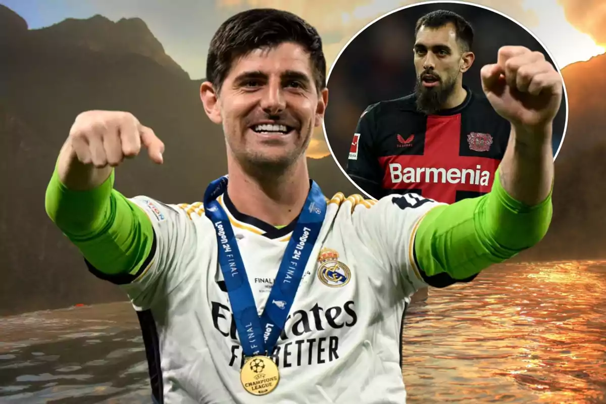 Thibaut Courtois con la camiseta del Real Madrid y la medalla de la Champions League sonriente, junto a la imagen en un círculo de Borja Iglesias con la camiseta del Bayer Leverkusen y de fondo un atardecer en el mar con unas montañas detrás