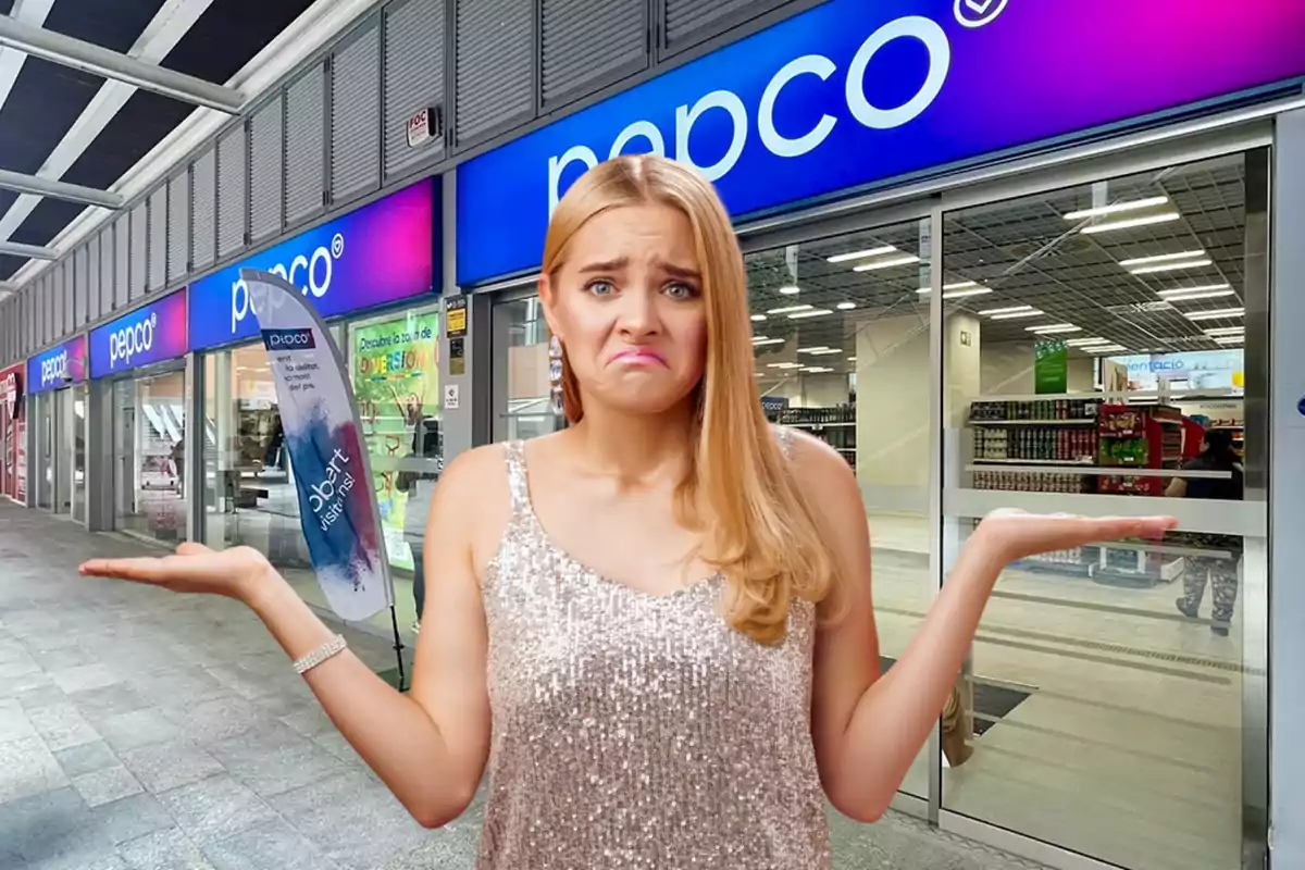 Una mujer con expresión de confusión y los brazos levantados frente a una tienda Pepco.