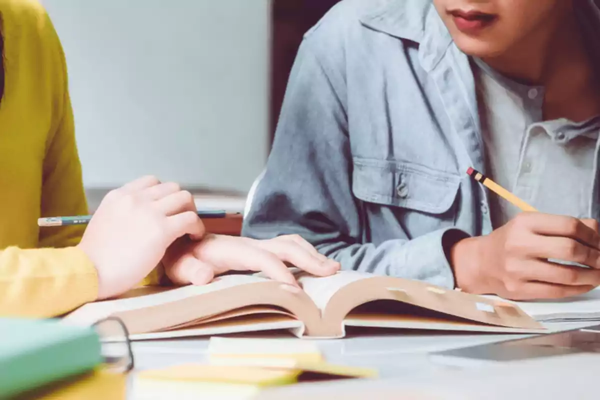 Dos personas estudiando juntas con un libro abierto y lápices en la mano.