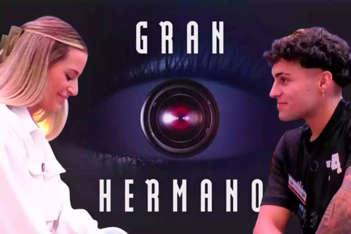 Dos personas mirándose frente a un fondo con el logo de Gran Hermano.