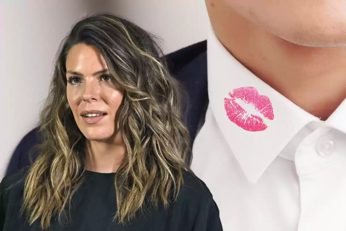 Una mujer con cabello ondulado junto a un cuello de camisa blanca con una marca de labios rosada.