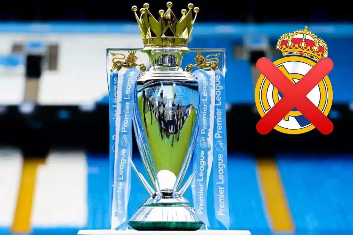 Trofeo de la Premier League con el logo del Real Madrid tachado.