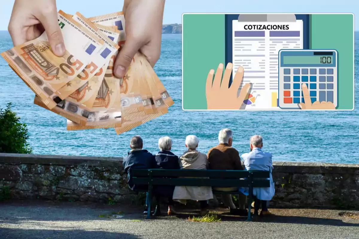 Manos sosteniendo billetes de euro, un grupo de personas mayores sentadas en un banco frente al mar y una ilustración de una calculadora y un documento con la palabra "Cotizaciones".