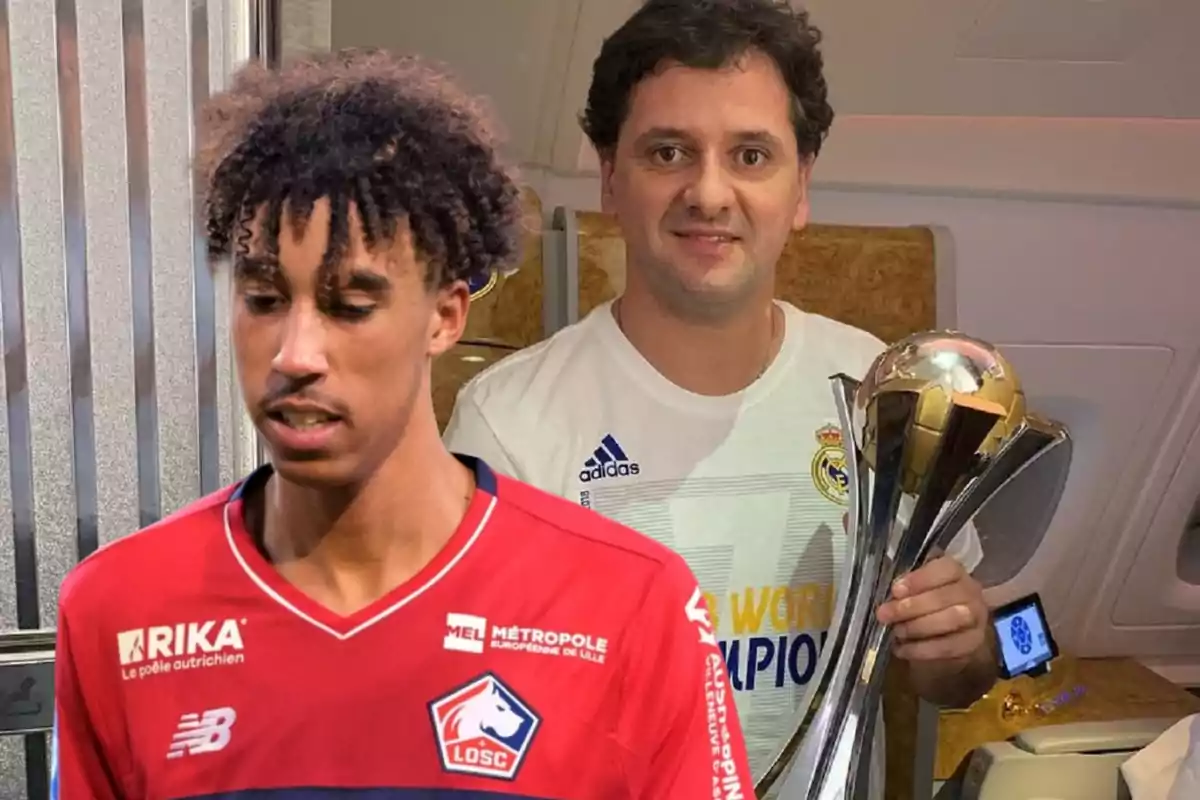 Un joven futbolista con la camiseta del LOSC Lille y un hombre con una camiseta del Real Madrid sosteniendo un trofeo.