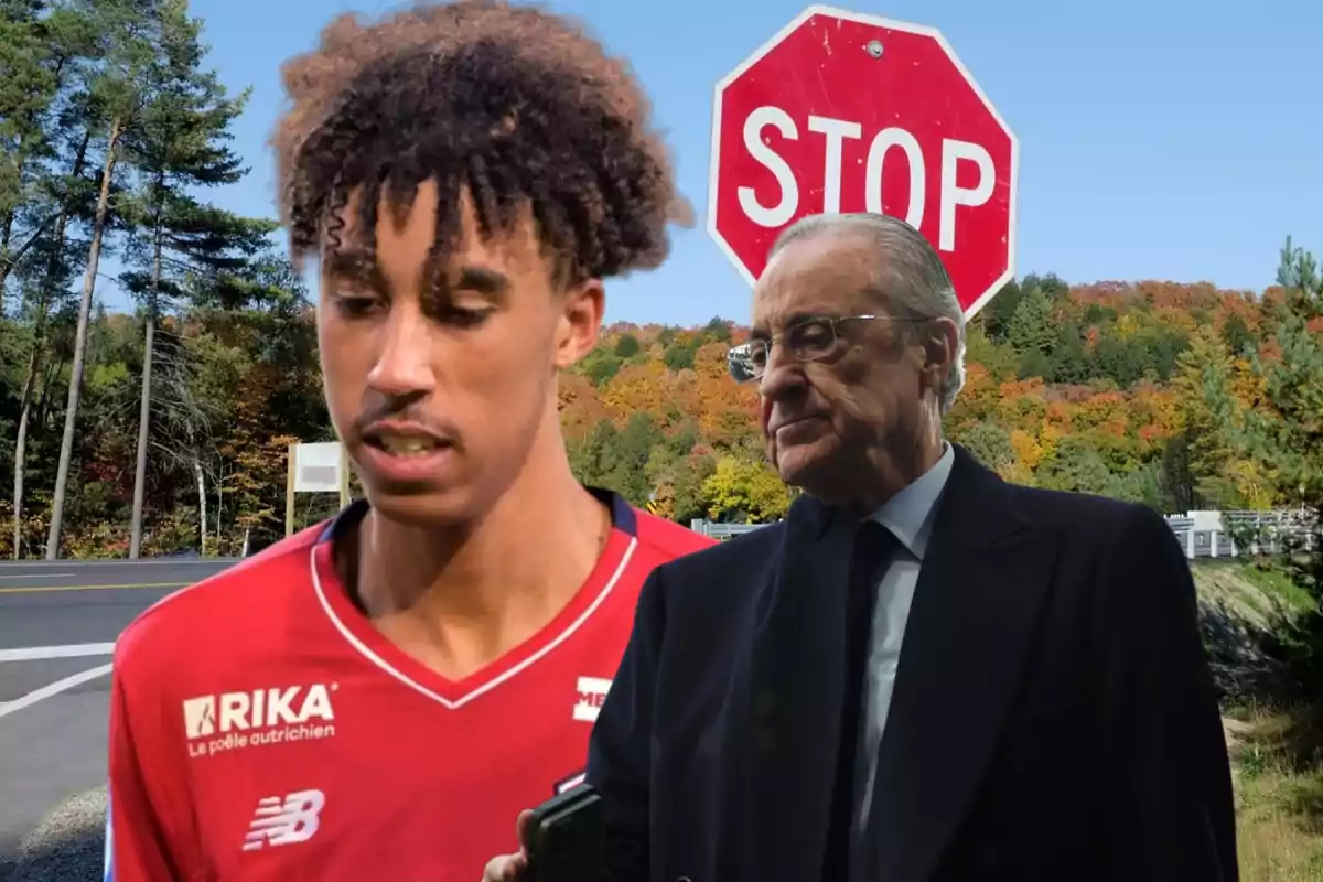 Dos personas están en primer plano, una con una camiseta roja y otra con traje oscuro, con un letrero de "STOP" y un paisaje otoñal de fondo.