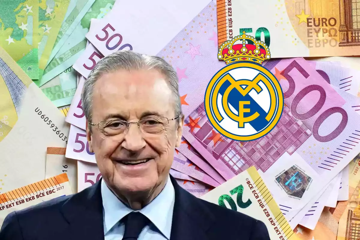 Un hombre sonriente frente a billetes de euro y el escudo de un equipo de fútbol.