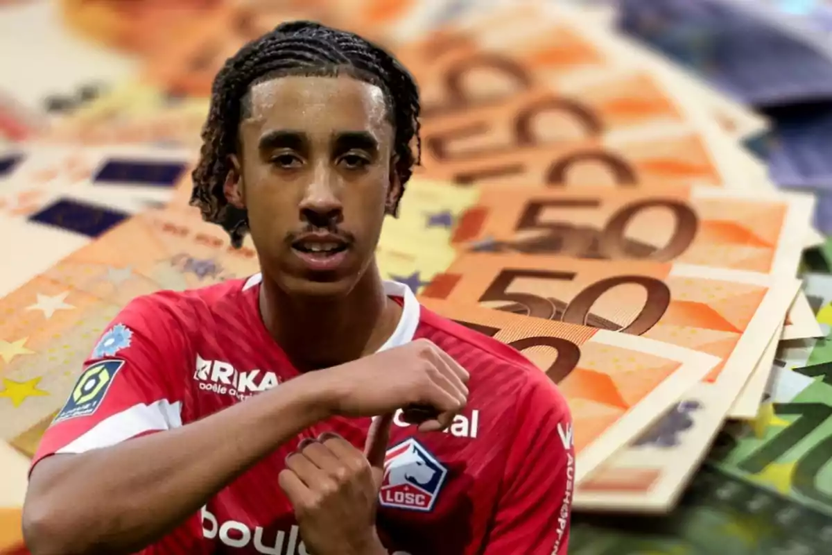 Un jugador de fútbol con la camiseta del Lille OSC aparece en primer plano, mientras que en el fondo se ven varios billetes de 50 euros.